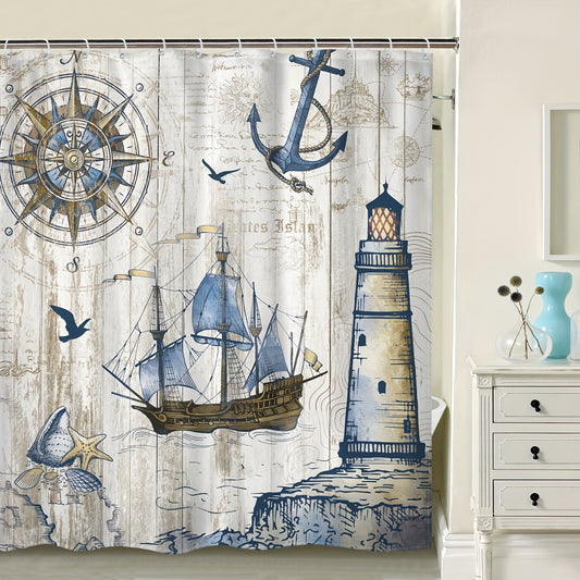 1pcNautical Sailboat Wooden Shower Curtain, 72Wx72H Waterproof Polyester Fabric Curtain, Bathroom Decorations With 12 Hooks, Home Decor, Bathroom Accessories