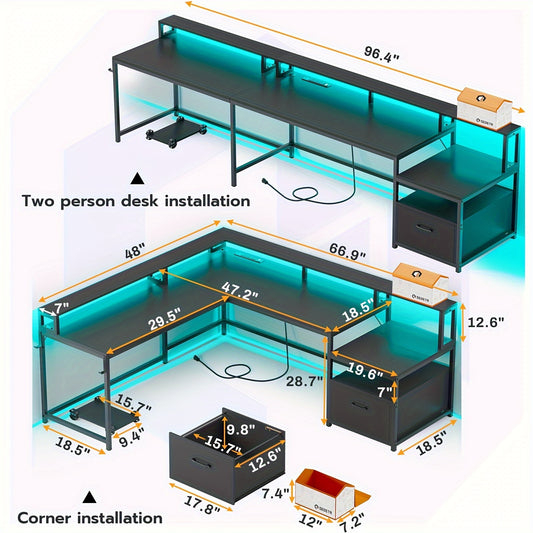 1pc Black 66in L Shaped Gaming Desk With LED Lights, Home Office Desk With File Drawer & Power Outlet, Corner Computer Desk With Monitor Shelf And Storage Shelves, Two-Person Desk