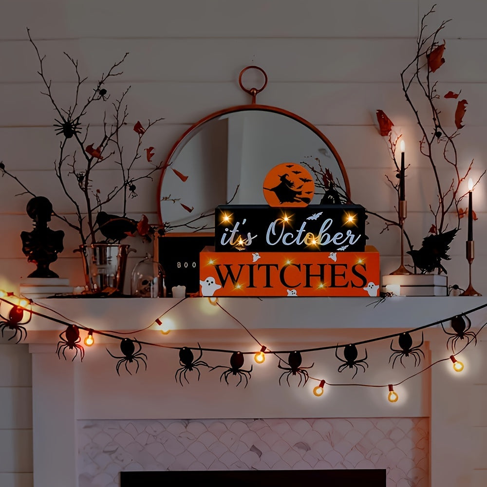 LED-Lit Halloween Wooden Sign - 'It's October Witches' Glowing Centerpiece, Battery-Powered Tabletop Decor for Home