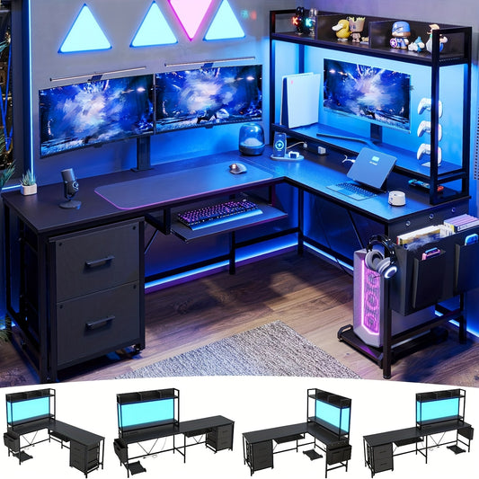 "Reversible L Shaped Gaming Desk - 55in, LED Strip, Power Outlet, Storage Cabinet, Shelf, Bag, Keyboard Tray, Headphone Hook (Black)"