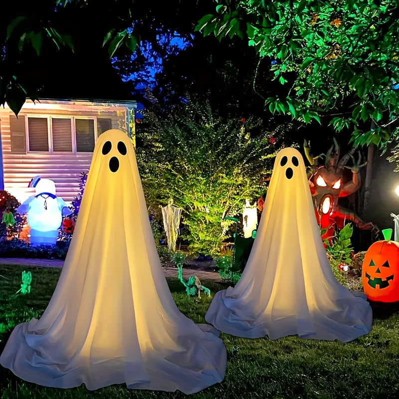 Halloween Ghost Decorations (Set of 2) with LED Lights, AA Battery-Operated, Plastic Outdoor Yard Garden Decor, Easy Assembly, Seasonal Spooky Ambience for Halloween, Christmas, Easter, New Year - Batteries Not Included