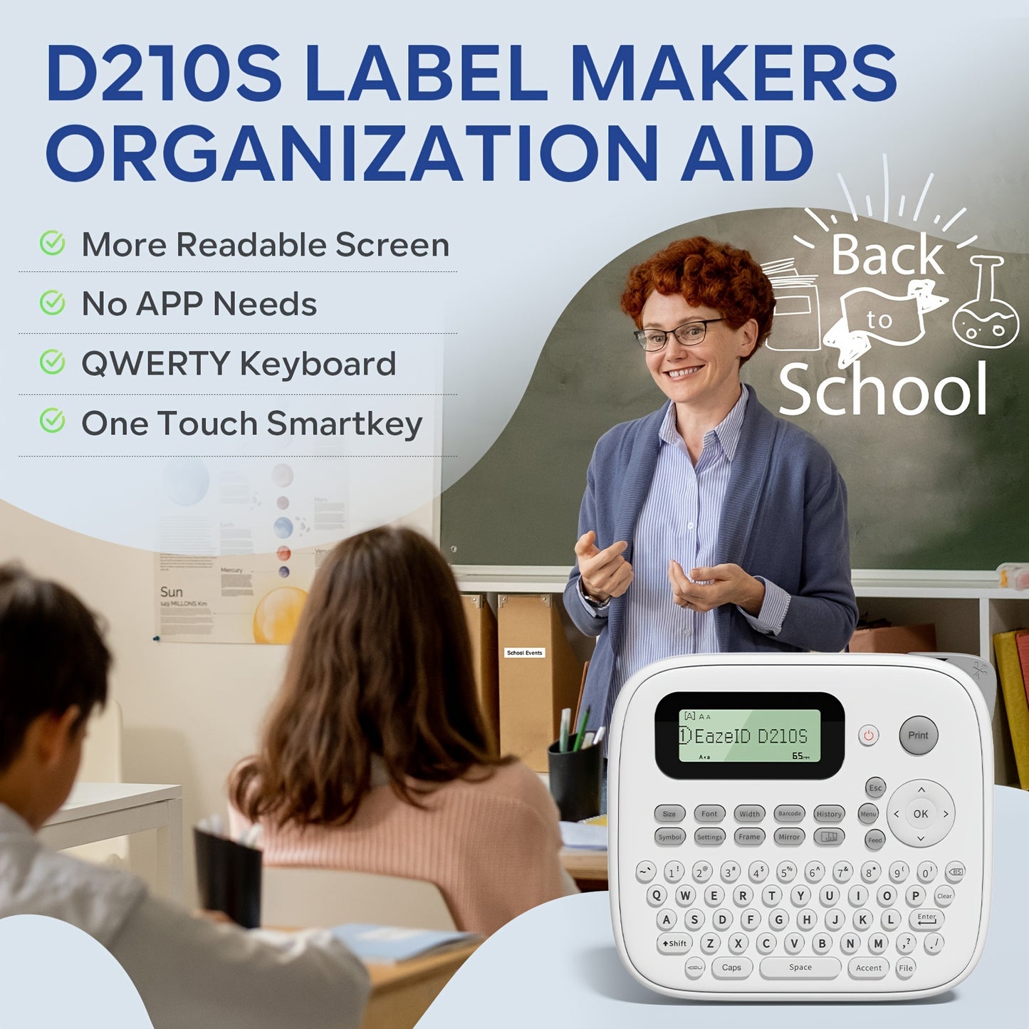 EazeID D210S Portable Label Maker: QWERTY Keyboard, Free Print Different Fonts & Barcodes, Suitable for Home Office & School - Battery/USB Power