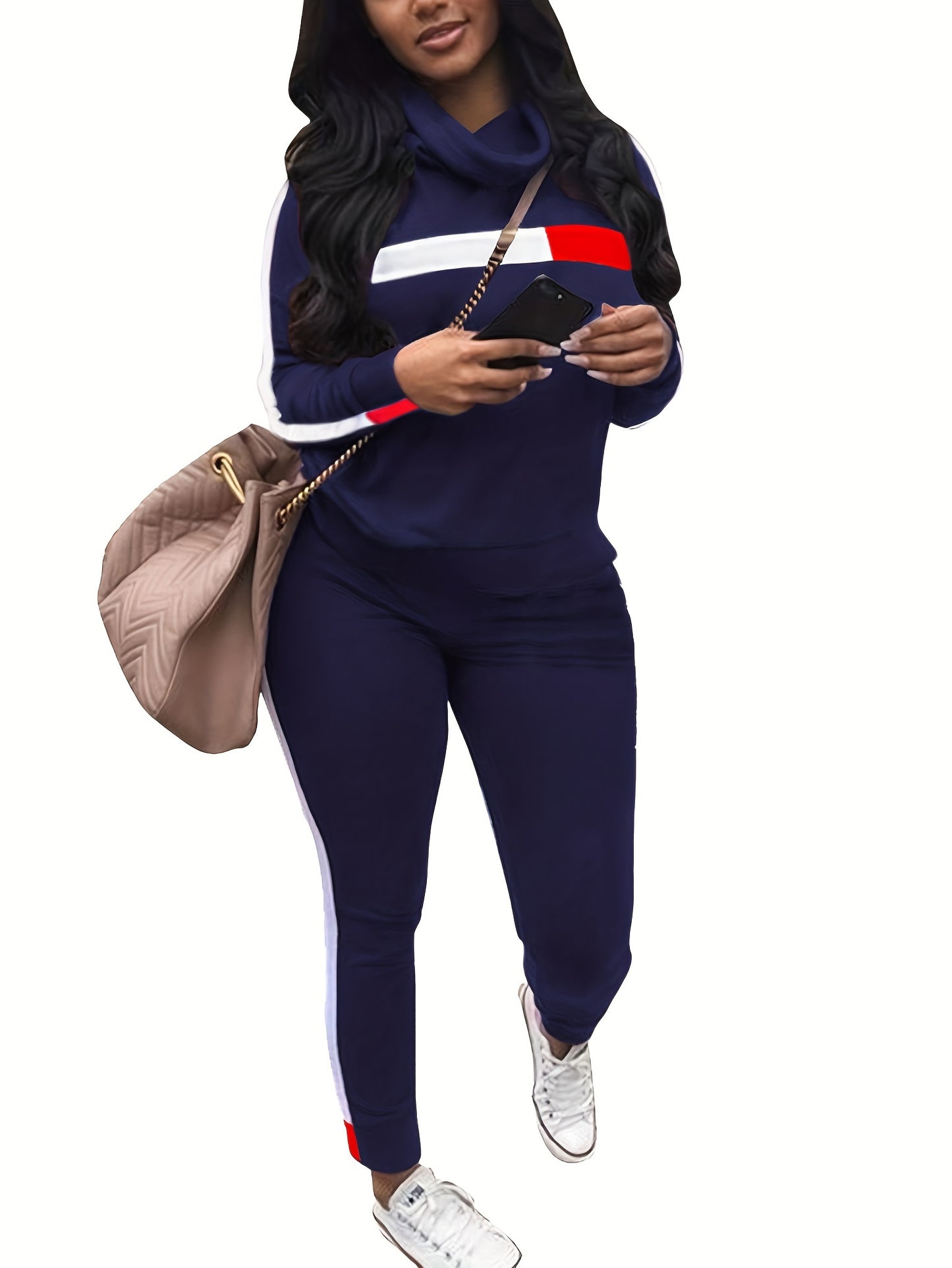 Women Two Piece Pant Sets Hooded Zipper Spliced Sweatshirts Full Sleeved Thick Pencil Pants Jogger Suits Ladies Winter