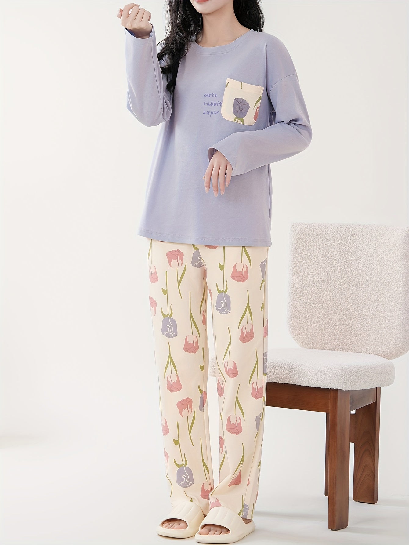 Cozy Cotton Floral & Letter Print Pajama Set for Women - Long Sleeve, Round Neck with Dual Pockets, Casual Loungewear for Fall/Winter