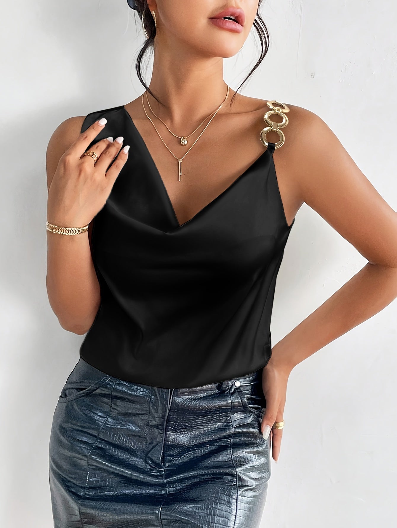 Chain Decor Cowl Neck Blouse, Elegant Sleeveless Top For Spring & Summer, Women's Clothing