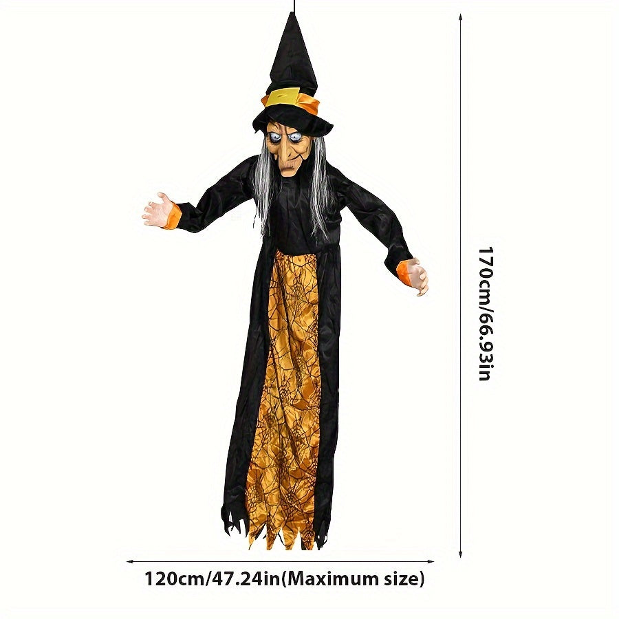 1pc Halloween Hanging Witch Prop, 70.86 Inches Tall, Sound-Activated, Light-Up & Voice Features, Fabric And Latex Construction, Haunted House And Horror Theme Decor For Bars And Party Settings