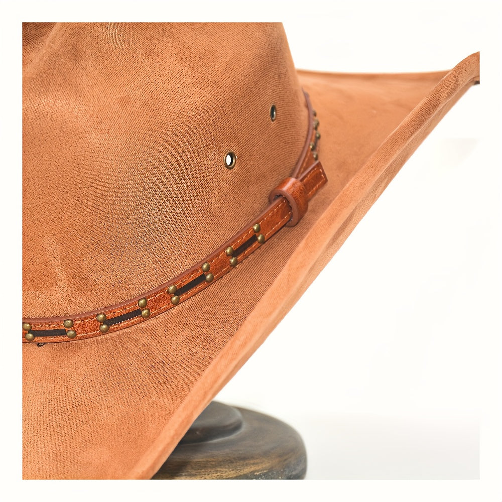 Premium Faux Leather Cowboy Hat - Classic Red-Brown with Vintage Belt, Breathable Wide Brim for Men & Women, Includes Durable Support & Elegant Gift Box