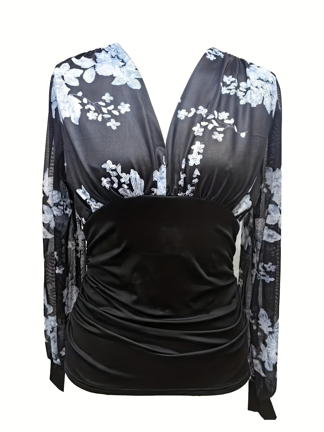 Women's Floral Print Plunge Neck Top with Long Illusion Sleeves for Spring and Fall