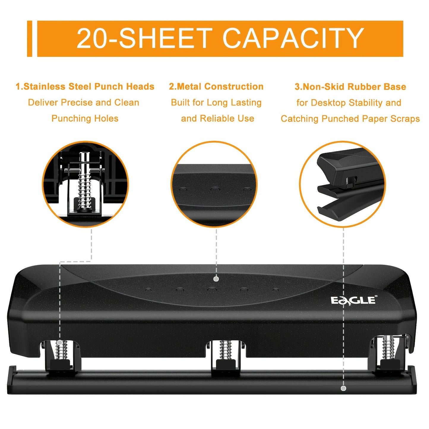 1pc Reduced Effort 3 Hole Puncher, Heavy Duty Paper Puncher With 20 Sheet Capacity, Squeeze Handcraft Hole Punch Tool, Fit For 3 Ring Binders, Office And School Supplies, Black