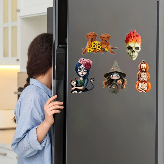 Halloween & Christmas Decorations Acrylic Magnets Set of 5 - Flame Skull, Dogs with Sunflowers, Witch Mushroom, Pumpkin, and Black Cat - No Battery Required, Perfect for Refrigerator, Office & Home