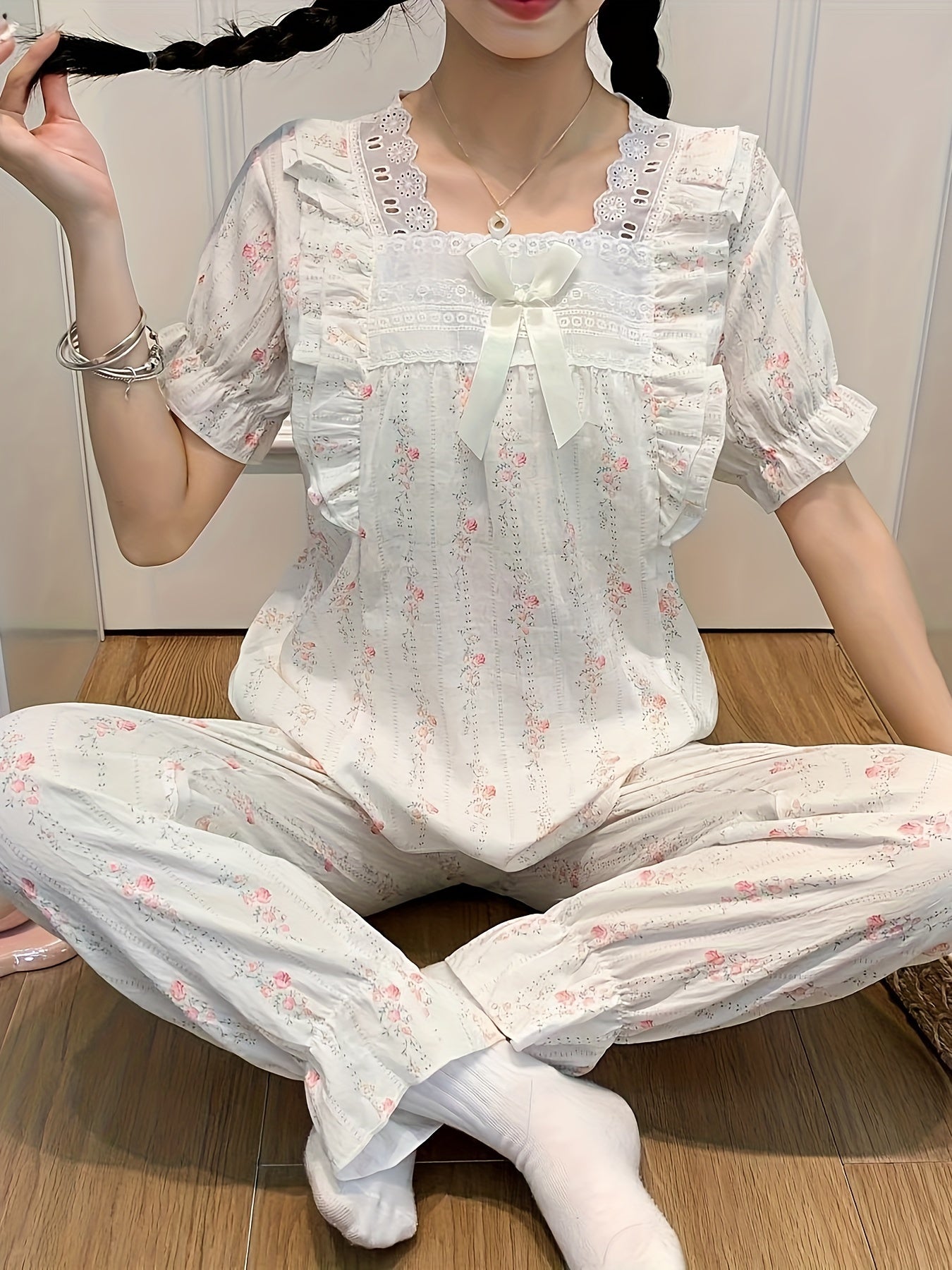 Women's Floral Print Sweet Contrast Lace Ruffle Hem Pajama Set, Puff Sleeve Bow Decor Square Neck Top & Shorts & Pants, Comfortable Relaxed Fit