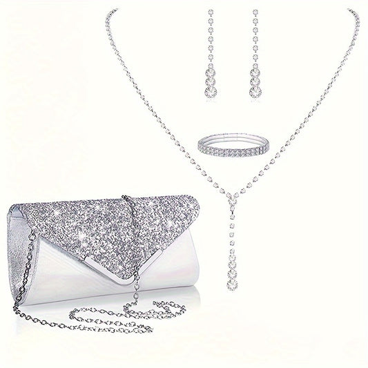 Rhinestone Clutch Bag Set with Matching Jewelry for Weddings, Festivals, and Parties