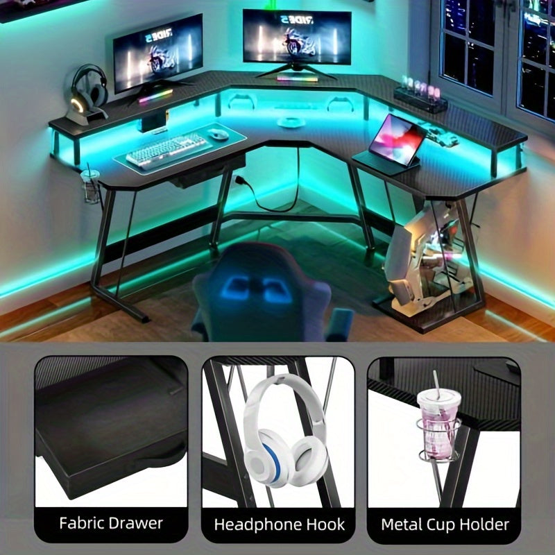 L Shaped Gaming Desk with LED Lights & Power Outlets, 55" Computer Desk with Drawer & Monitor Stand