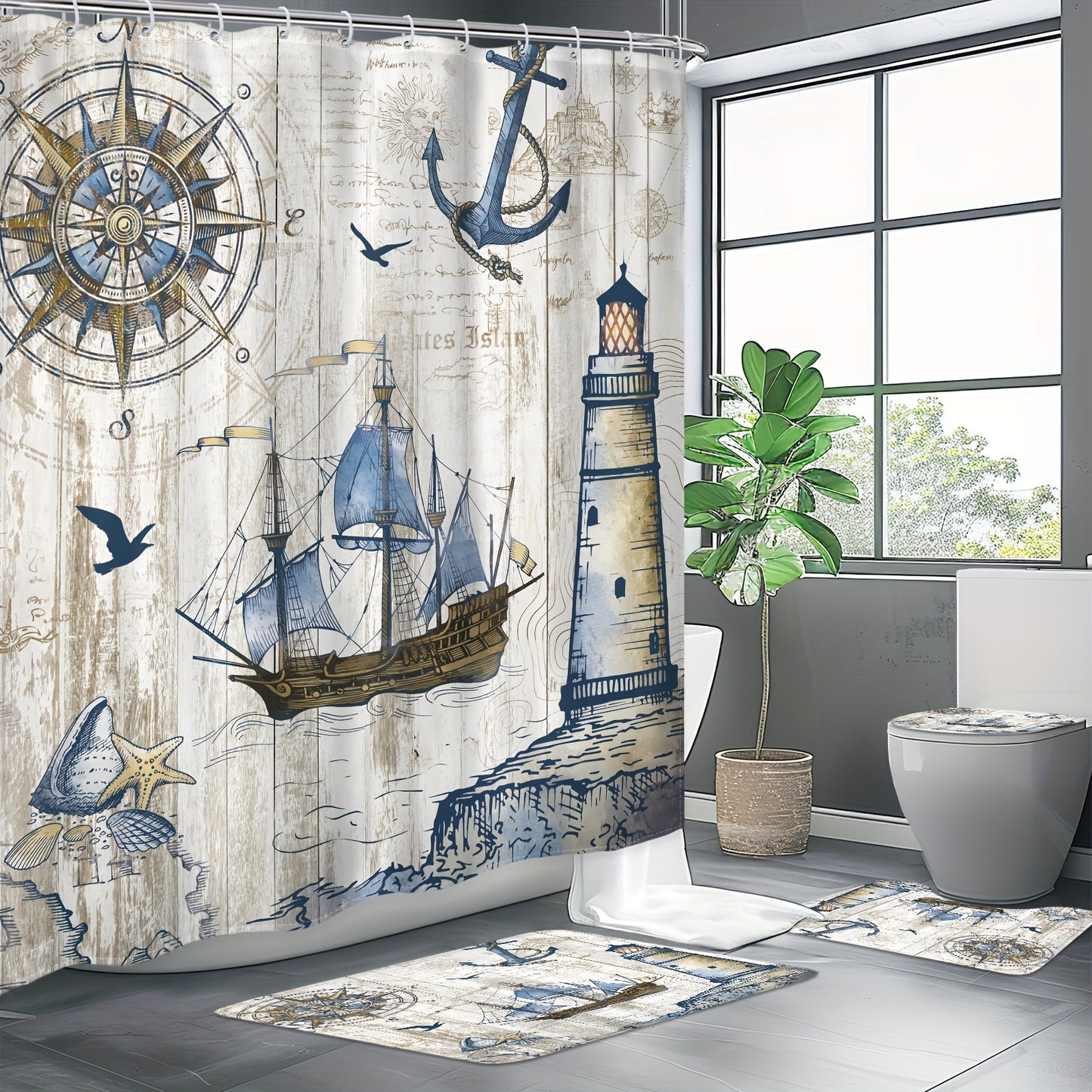 1pcNautical Sailboat Wooden Shower Curtain, 72Wx72H Waterproof Polyester Fabric Curtain, Bathroom Decorations With 12 Hooks, Home Decor, Bathroom Accessories