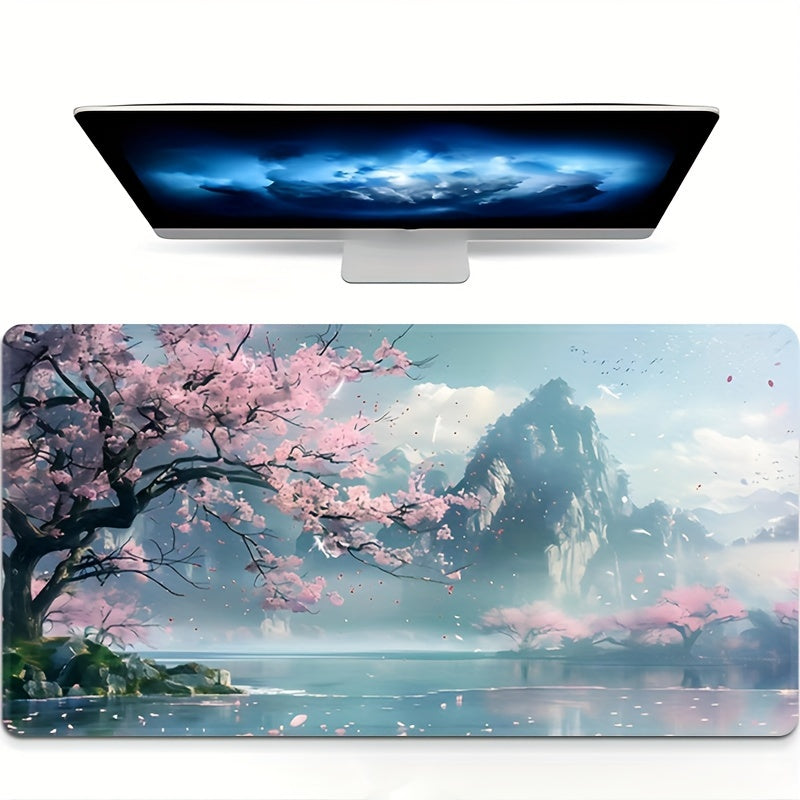 Large Gaming Mouse Pad With Traditional Chinese Landscape Design - Waterproof Rubber Base & Stitched Edges For Keyboard And Desk Protection - Ideal For Home Office, School, And Gifts