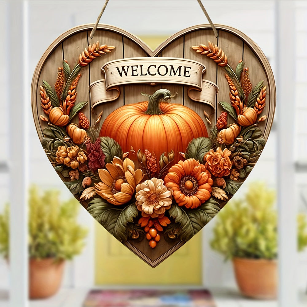 Charming Pumpkin Welcome Sign - 7.9"x7.9" Heart-Shaped Wooden Autumn Harvest Decor for Home, Cafe, Bar, Porch & Farm - Perfect for Fall & Holiday Wall Art