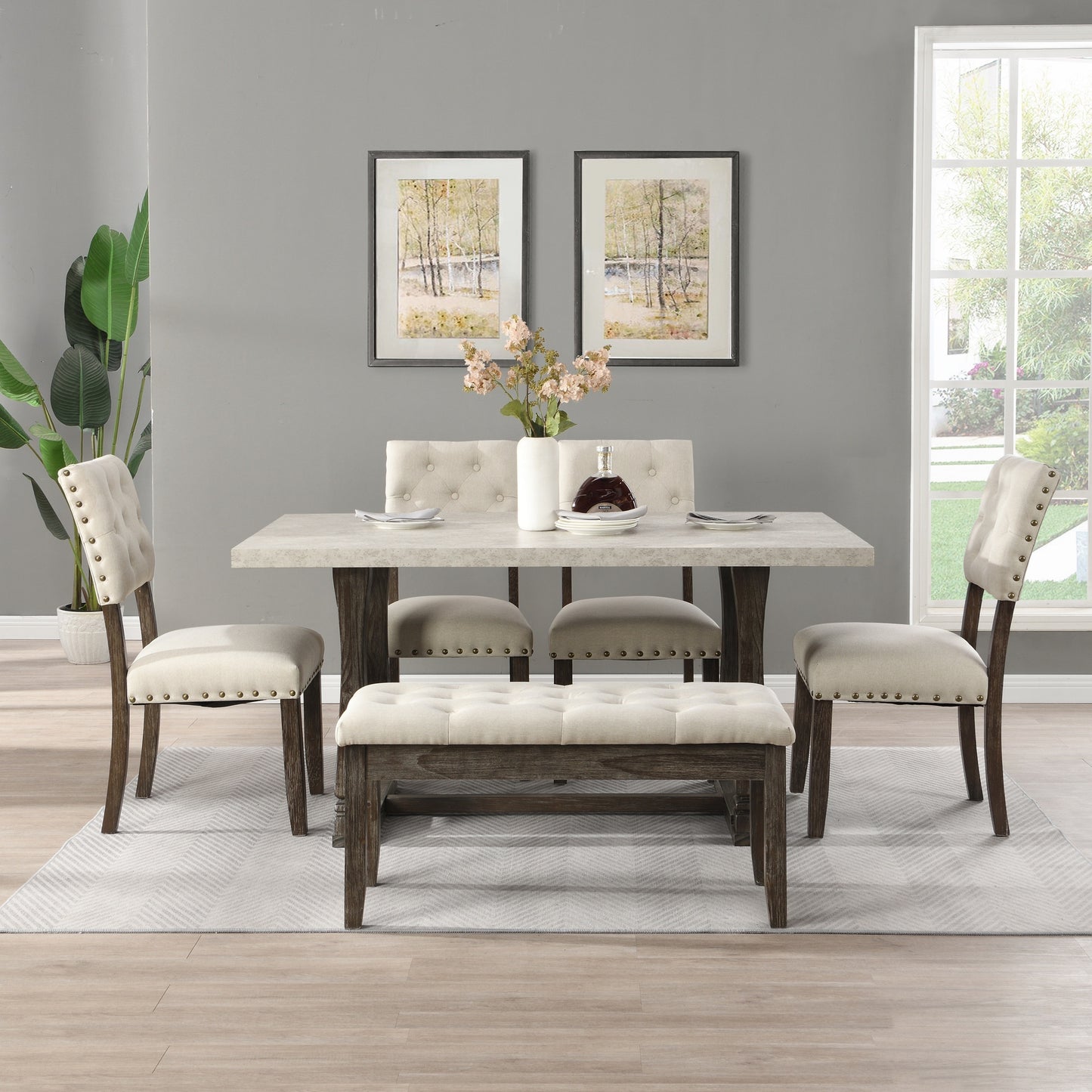 Button Tufted Upholstered Ding Bench, Entryway Shoe Bench,   60 inch Dining Table Set for 6 Chairs, Classic Farmhouse Rectangle