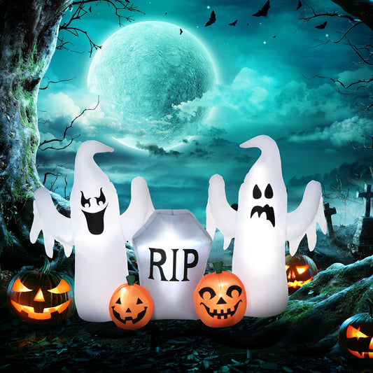 HOMCOM 6' Long Inflatable Halloween Ghost & Pumpkin Tombstone, Inflatable LED Light Yard Display Indoor Outdoor For Garden, Lawn, Party, Holiday