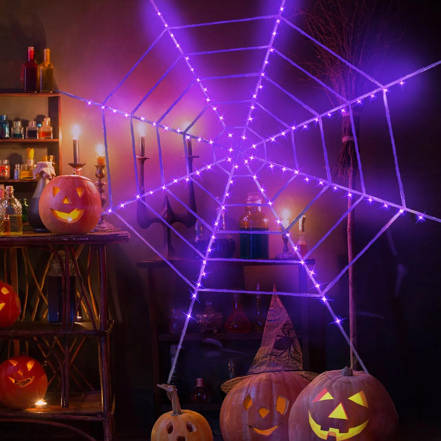 Halloween Giant Spider with Web Light Up Purple Web Decoration 11.8ft Circular Cobweb with LED Light for Halloween Party