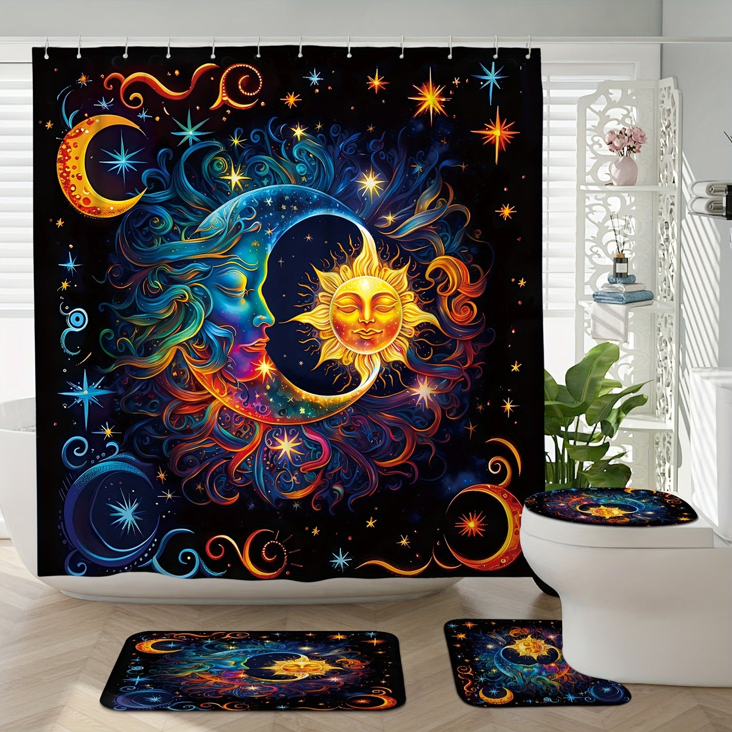 1/4pcs Sun Moon Star Pattern Bathroom Shower Curtain Set, Waterproof Curtains With Plastic Hooks, Bathroom Carpet, U-shaped Mat, Toilet Cover Mat, Bathroom Decor