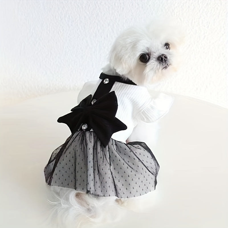 Black Bow Dog Dress And Vest, Striped Pet Clothes With Tulle Accents, Small To Medium Size Dog Outfit For Daily Wear And Special Occasions