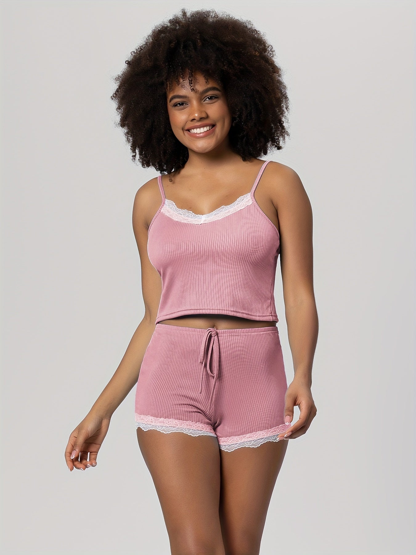 Contrast Lace Pajama Set, Sleeveless Cami Top & Elastic Waistband Shorts, Women's Sleepwear & Loungewear