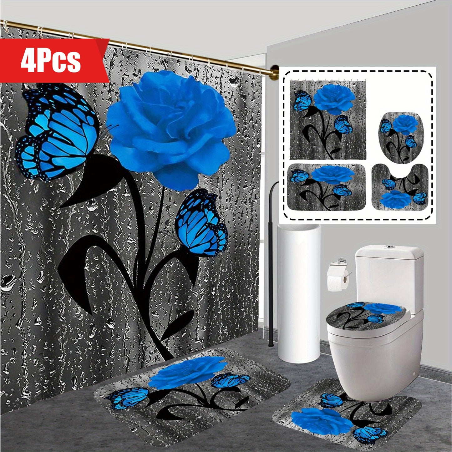 Blooming Flowers Rose Shower Curtain Set Waterproof Bath Curtain Toilet Cover Non-Slip Mat Rug Carpet Home Decor Accessories