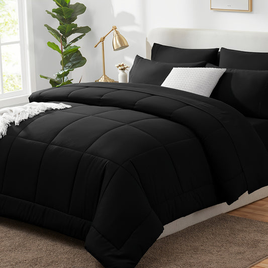 Black King Size Comforter Set - 7 Pieces,Bed in a Bag Bedding Sets with All Season Soft Quilted Warm Fluffy Reversible Comforter