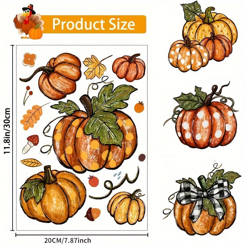 Autumn Harvest Window Clings, 6-Pack Pumpkin and Maple Leaf Static Decals, Plastic Thanksgiving Fall Decorations, No Electricity Needed, Featherless Glass Sticker Set