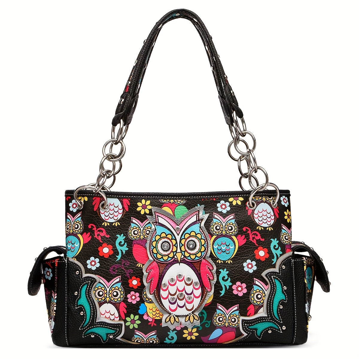 Colorful Owl Flower Western Style Cowgirl Fashion Purse Women Totes Rhinestone Studded Shoulder Bags Wallet Set