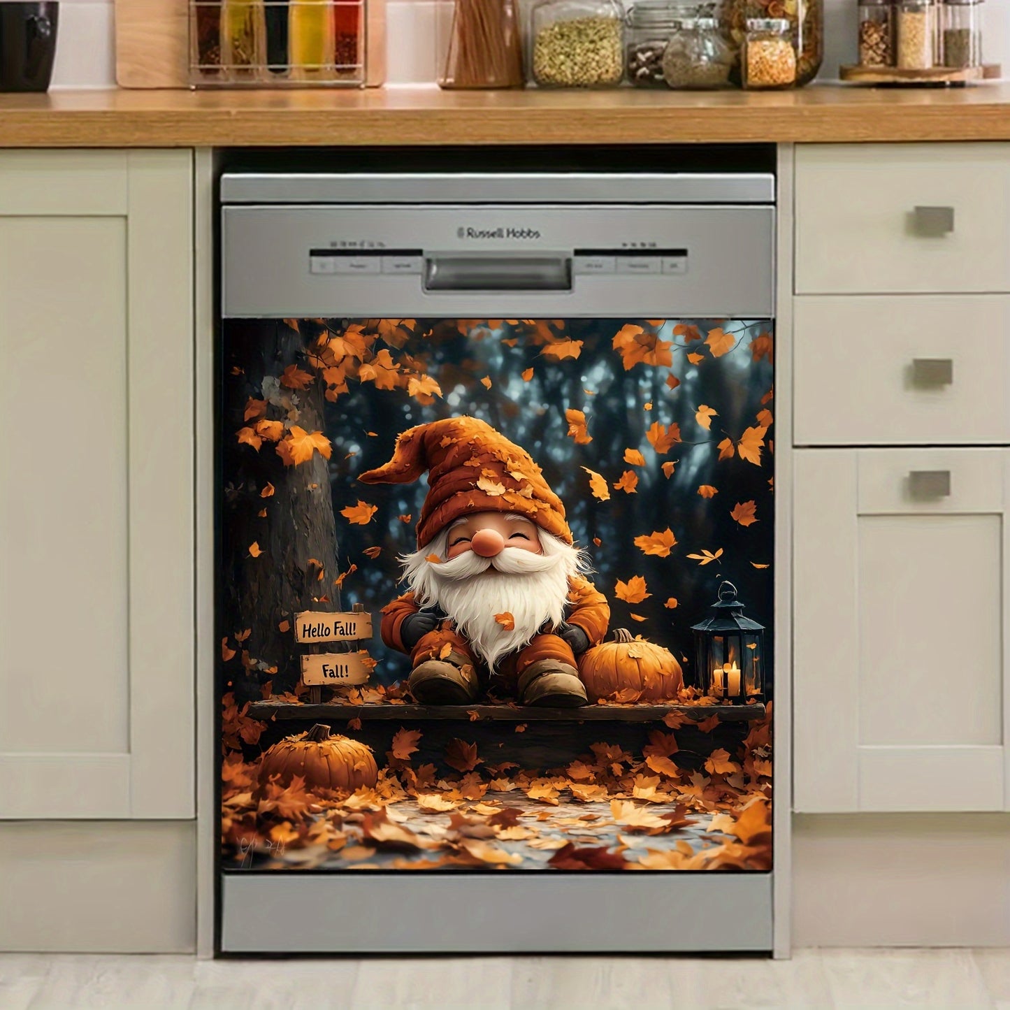 Charming Gnome & Pumpkin Maple Leaf Magnetic Cover - Perfect for Dishwashers, Refrigerators | Easy Clean, No Glue Needed | Ideal for Kitchen Decor | 23.03x25.59 Inches