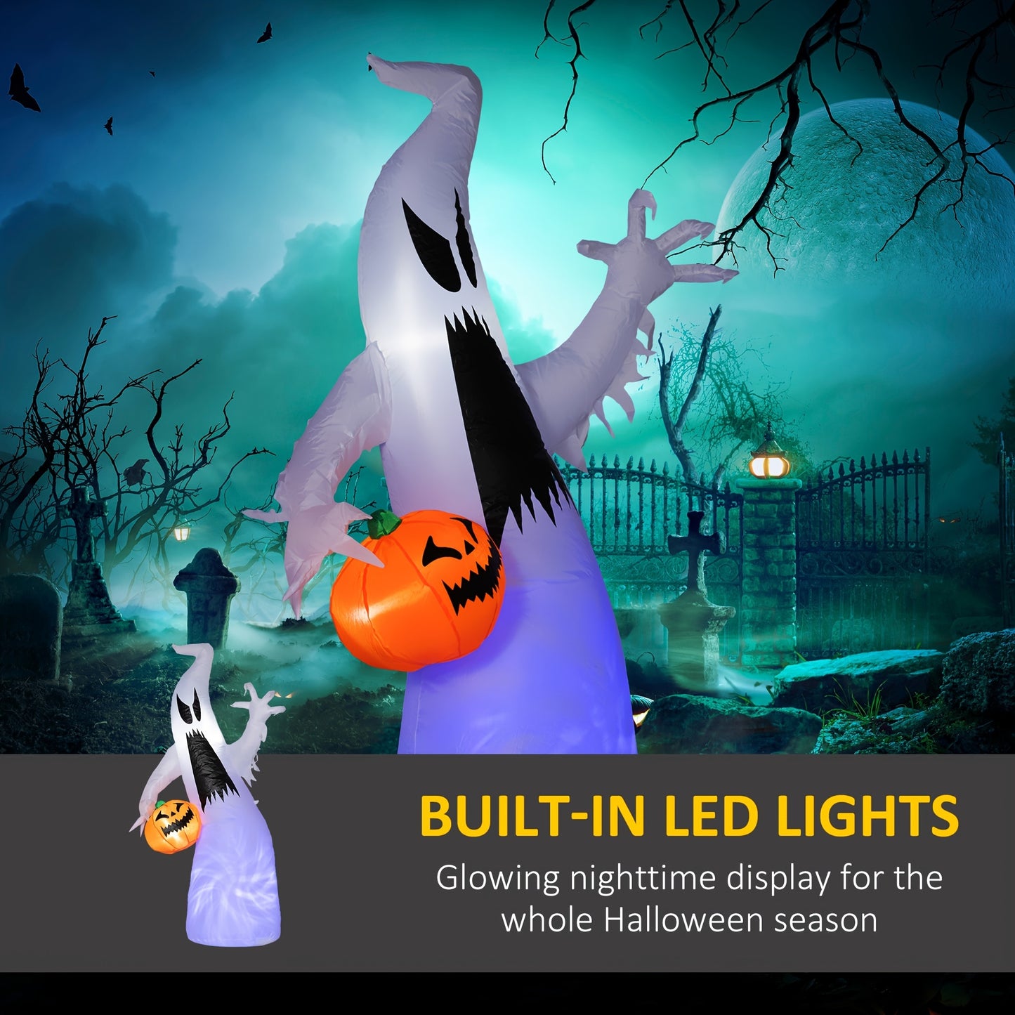 HOMCOM 5.9' Halloween Inflatable Outdoor Decoration Ghost With Pumpkin, Blow Up LED Yard Decor For Garden, Lawn, Party, Holiday,, Purple