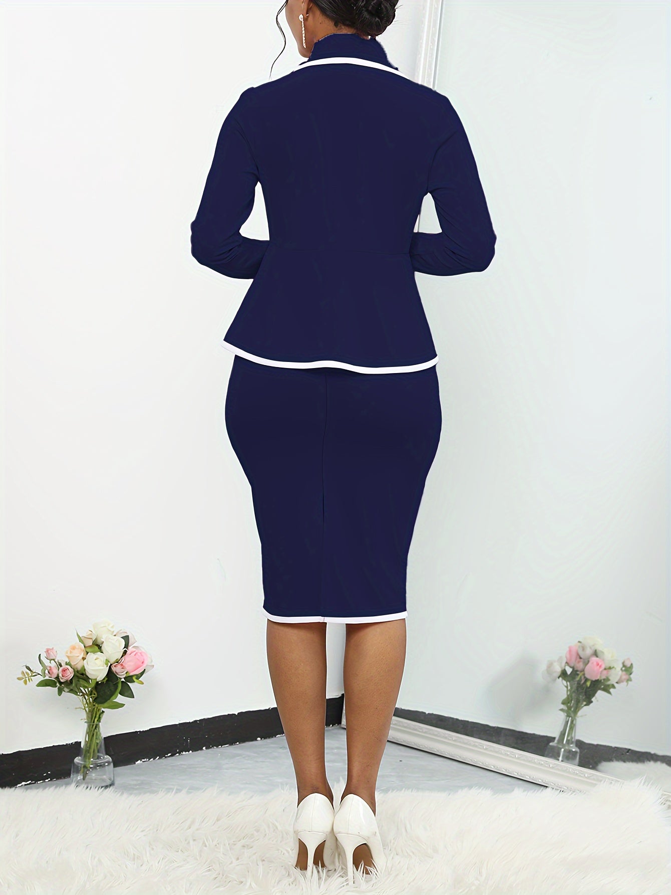 Business Casual Contrast Trim Two-piece Set, Button Front Shawl Collar Blazer & Bodycon Back Vent Skirt Outfits, Women's Clothing