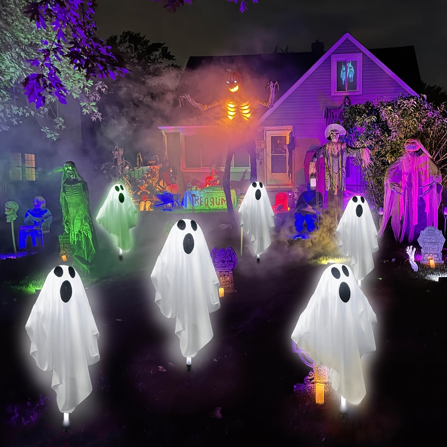 Festive Solar-Powered Ghost Stakes: 3/6 Set, Outdoor Halloween Decor, 8 Modes, Portable, Button Control, Plastic Material, Suitable for Lawn & Garden