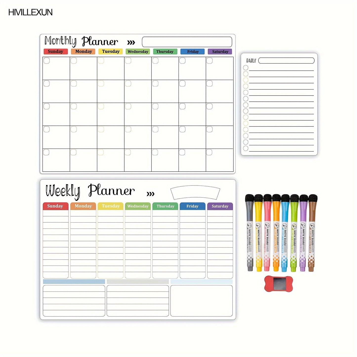 Hivillexun Magnetic Dry Erase Calendar Whiteboard Set (3-Pack) For Refrigerator, Wall, And Fridge Organization With Monthly, Weekly, And Daily Notepads, With 8 Markers And 1 Eraser