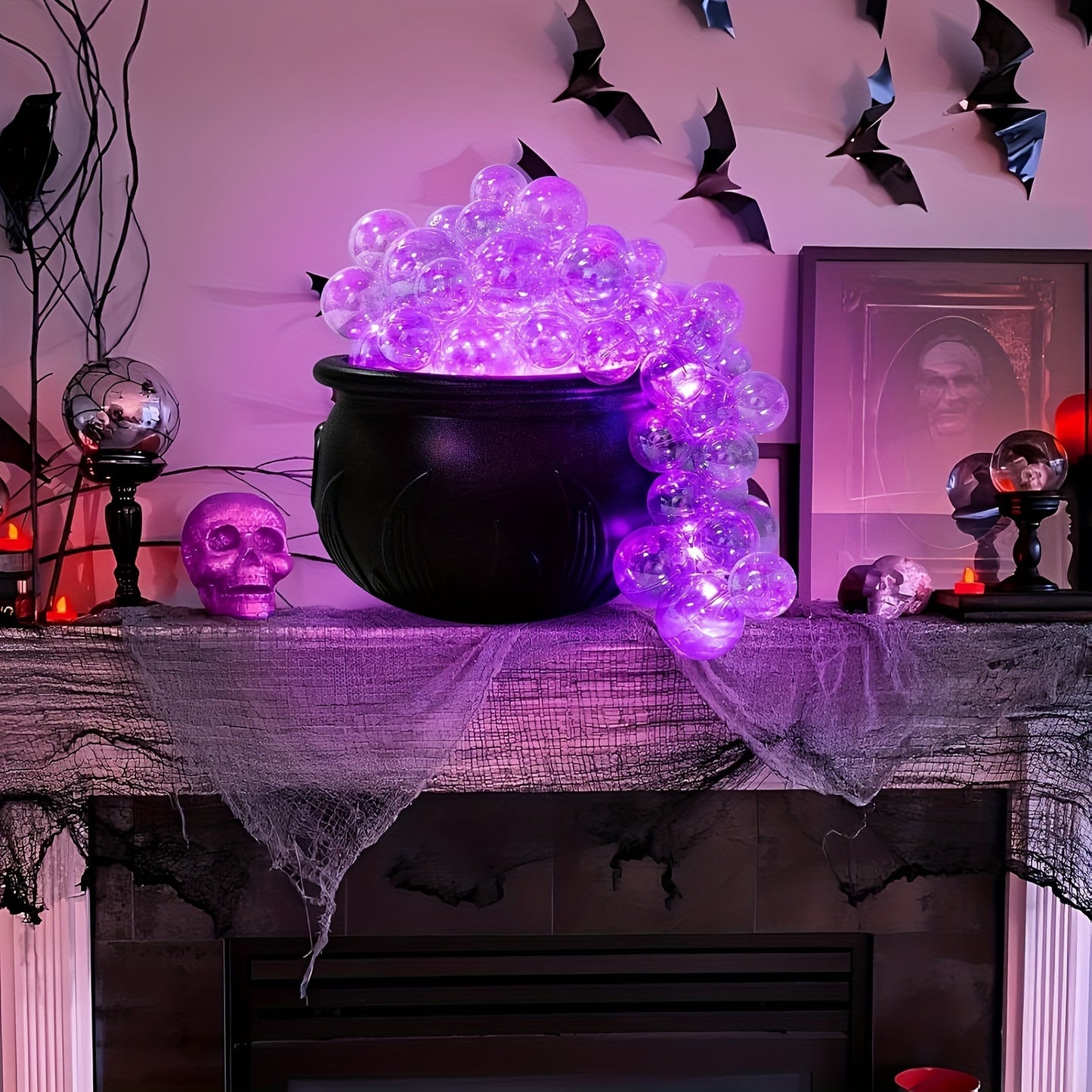 Halloween Bubble Cauldron Decoration Kit - Black Plastic Bowl with LED Light-Up Bubbles for Festive Home & Party Decor, No Battery Included, Fits AA Battery, Halloween Party Supplies for Indoor Display