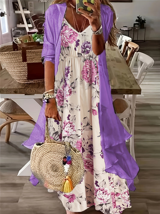 Elegant Vintage Dress Set, Solid Color Open Front Long Sleeve Cover Up & Floral Print V-neck Cami Dress For Spring & Summer, Women's Clothing