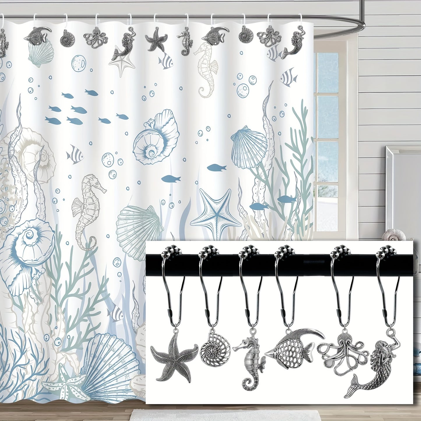 12pcs Creative Ocean Theme Shower Curtain Hook, Waterproof Rust-proof Shower Curtain Hook, Seahorse Mermaid Starfish Octopus Conch Sea Fish Decorative Pendant, Bathroom Decoration Accessories