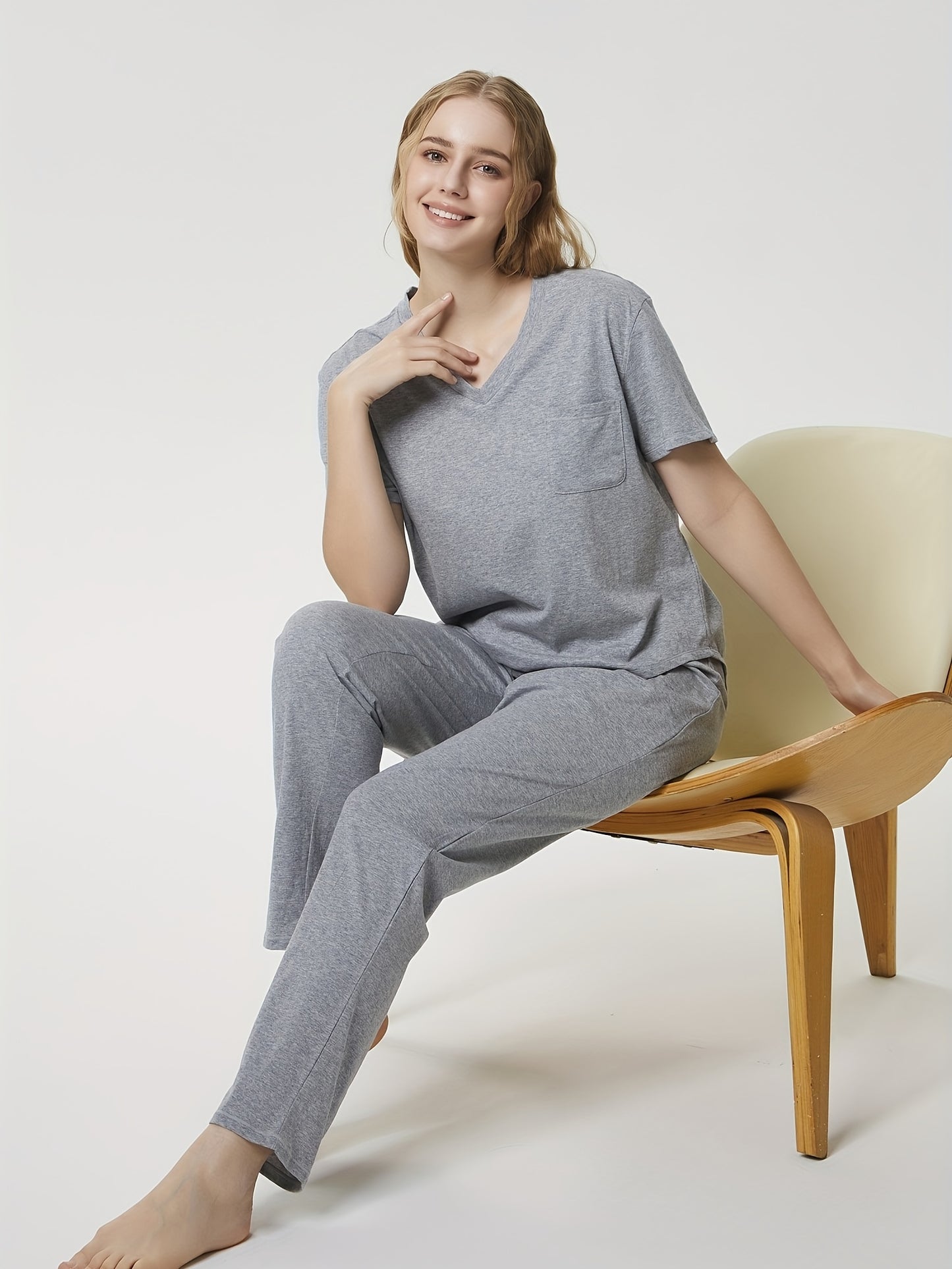 SIORO Womens casual Pajamas Set Short Sleeve Sleepwear V-neck Tops Loungewear Nightwear with Long Pants