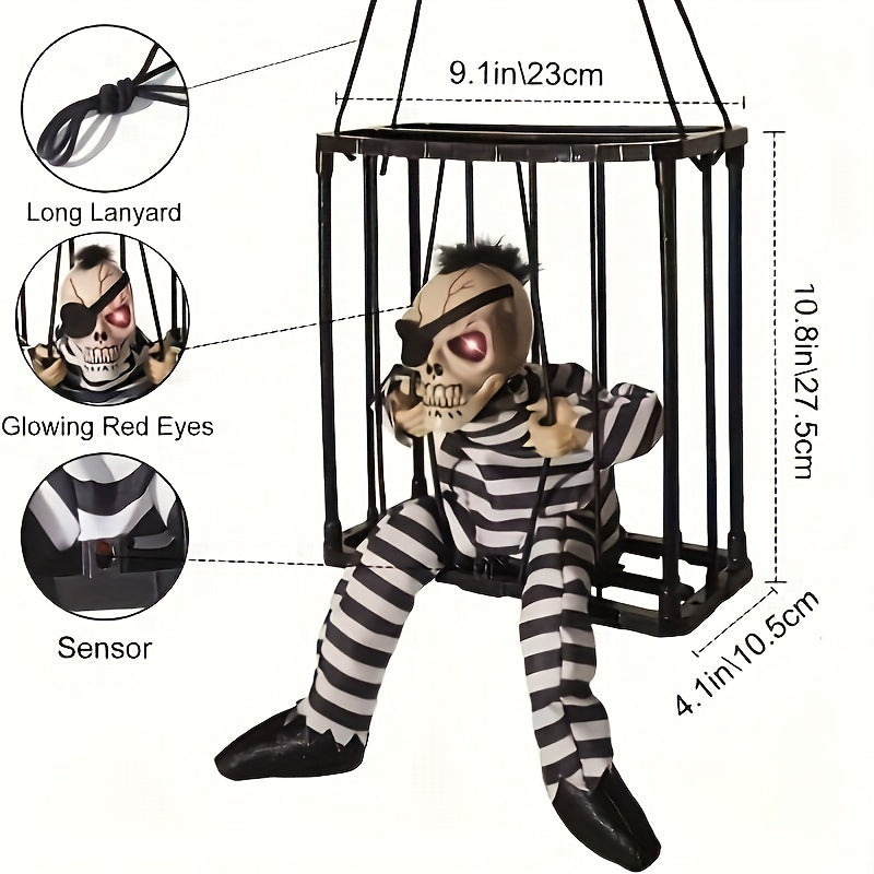 1pc, Halloween Animated Hanging Prisoner Cage Decor, Sound And Light Up Eyes, 9.06inch Sensor-Activated Jail Ghost With Striped Prison Outfit And Leopard Print, Plastic And Fabric, Perfect For Haunted House, Bar, Dance Party Decoration