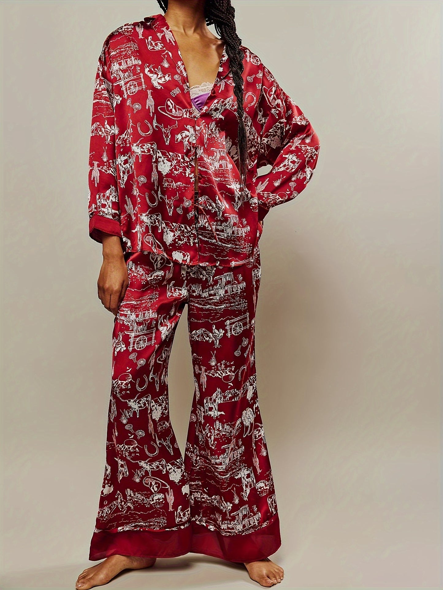 Womens Y2k Silk Pajama Sets Floral Print Long Sleeve Button Down Shirts Wide Leg Pants 2 Piece Lounge Sets