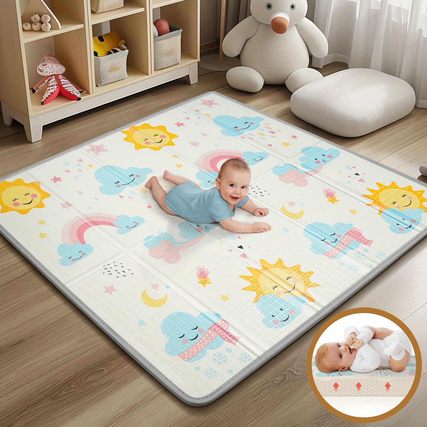 Infant Play Mat, 50x50 inches, 0.6 inches Thick, Waterproof, Safe Foam, Reversible, Portable, Baby Floor Mat, Christmas Thanksgiving Gift, Dual-Sided Pattern (Sun & Stars), Mixed Colors, PE Surface, for Baby Crawl and Toddler Play Area