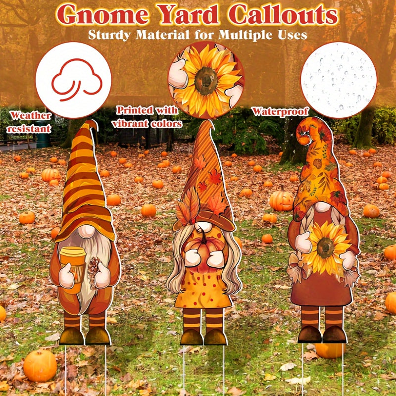 Autumn Harvest Gnome Yard Signs - Set of 3 with Wooden Stakes, Pumpkin-Themed Outdoor Lawn & Garden Decor for Fall and Thanksgiving