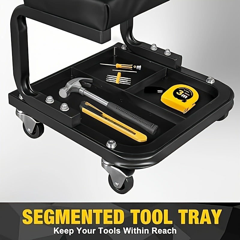 Heavy-Duty U-Shaped Garage Rolling Seat With 4 Wheels, Tool Tray Storage, 360° Swivel Casters & Removable Padded Seat For Auto Repair