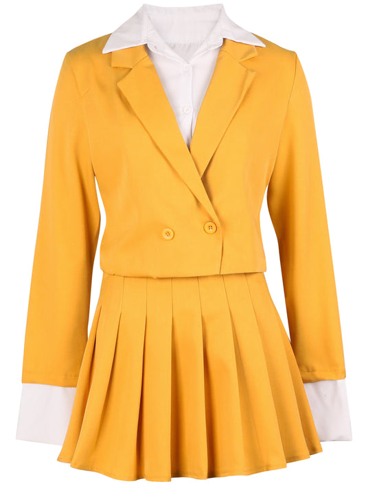 Color Block Two-piece Skirt Set, Casual Button Up Blazer & Pleated Skirt Outfits, Women's Clothing