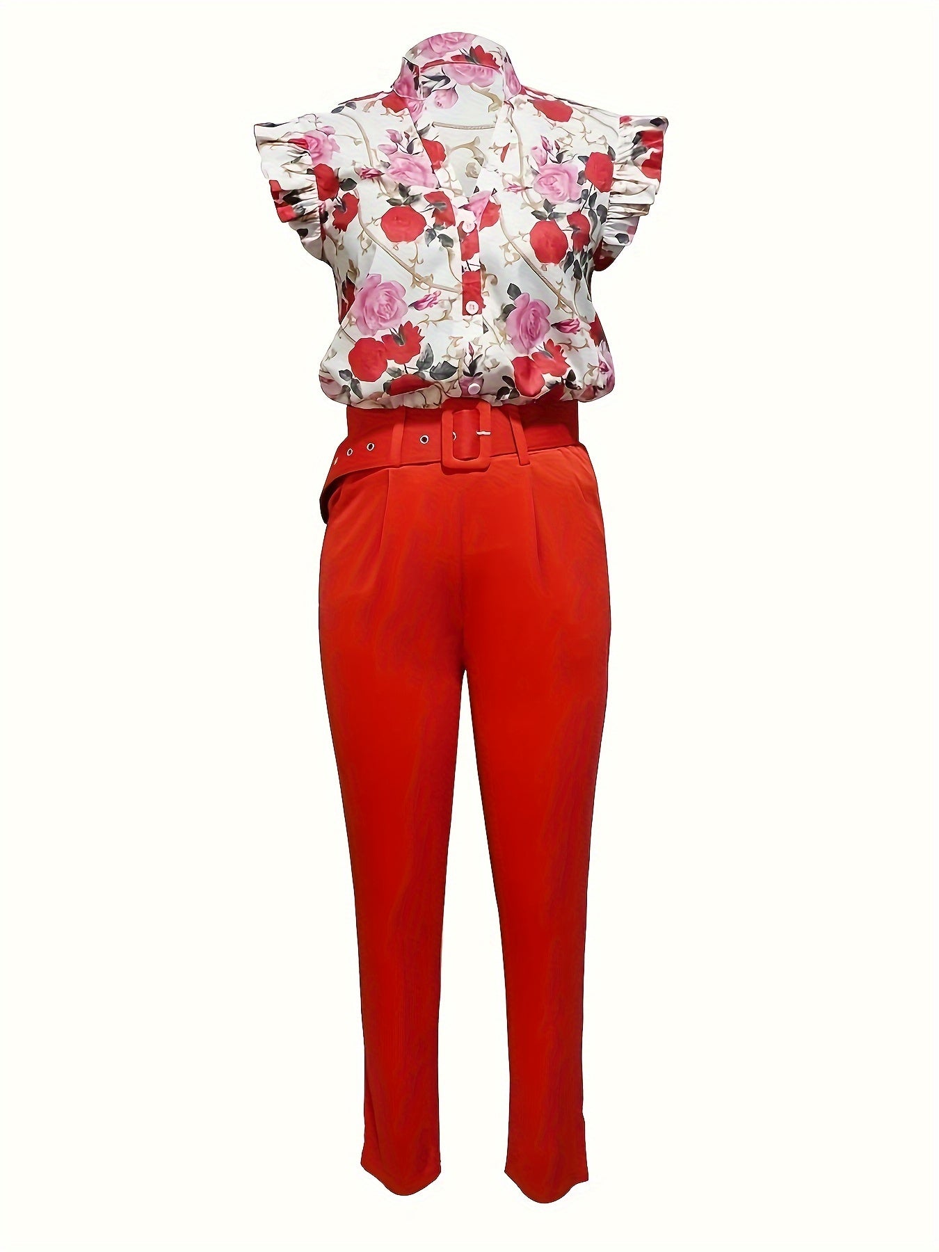 Elegant Floral Print Two-piece Set, Flutter Sleeve Button Front V Neck Blouse & Solid Color High Belt Waist Slim Pants Outfits, Women's Clothing