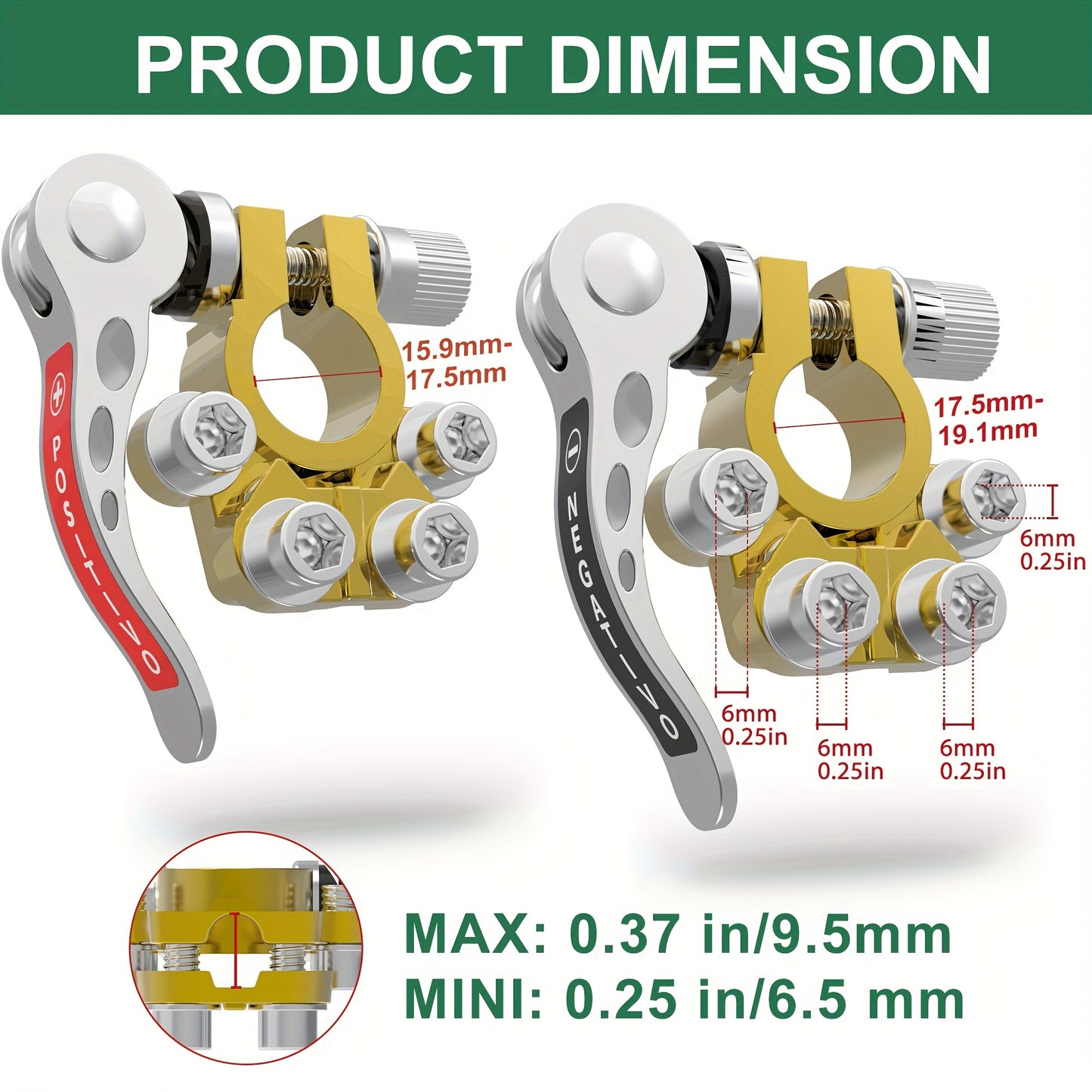 LotFancy Battery Terminal Connectors, Solid Brass, 2PCS Quick Release Disconnect Car Battery Terminal, Positive Negative for SAE/JIS Type A Posts