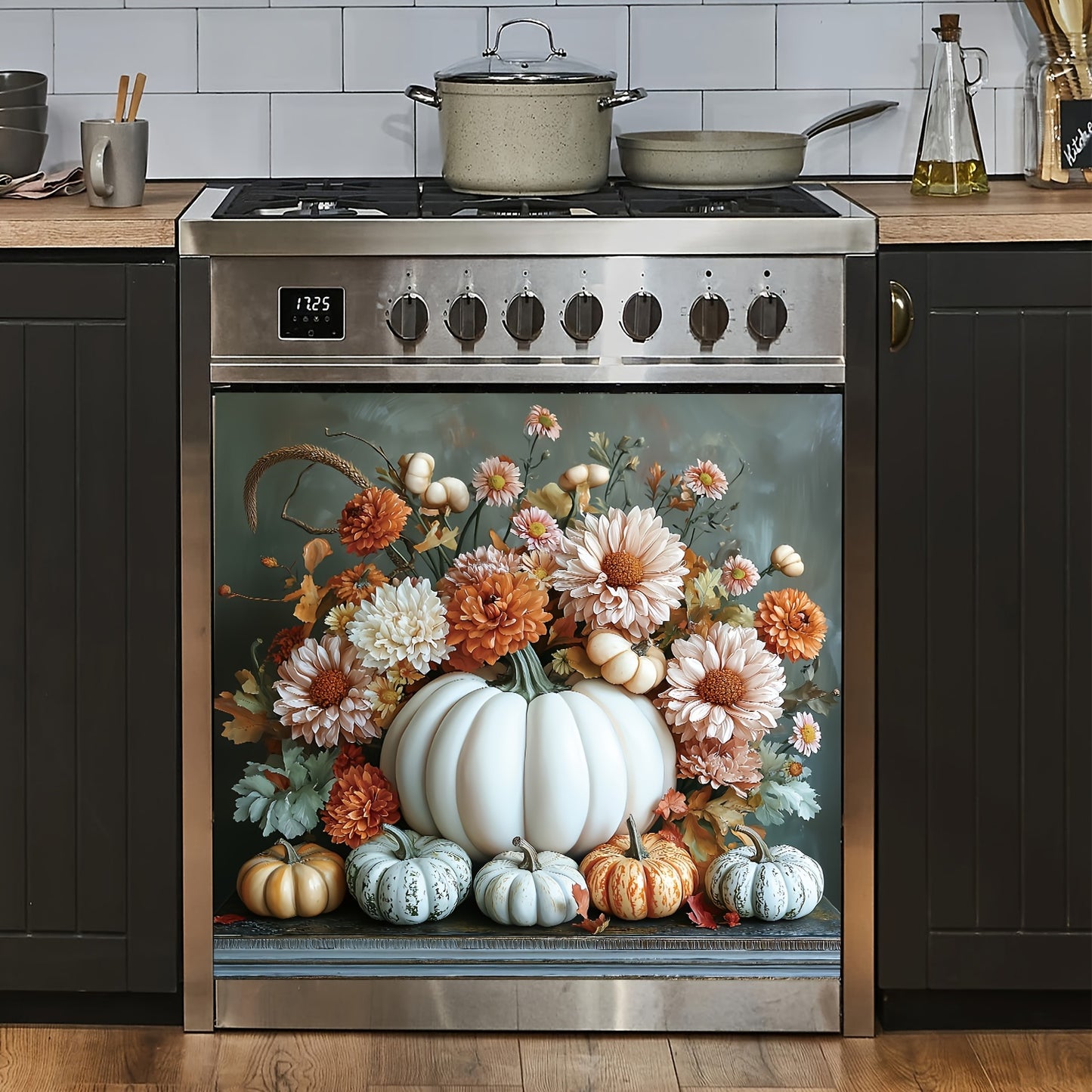 Chic Pumpkin & Autumn Chrysanthemum Magnetic Cover for Dishwasher and Refrigerator - Easy Clean, No Glue Needed - Perfect for Kitchen Decor, 23.03x25.59 Inches