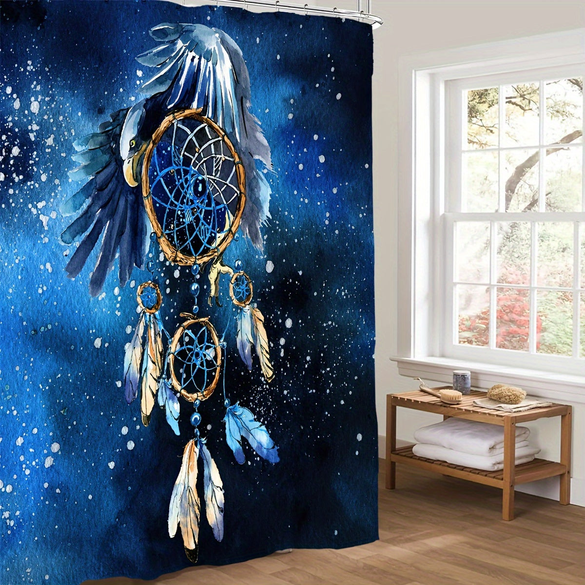 Dream Catcher and Feathers Patterned Shower Curtain Set with 12 Hooks, Water-Resistant Polyester Fabric, Includes Non-Slip Bath Mat, Toilet Lid Cover, and U-Shaped Rug, Decorative Tub Divider Curtain for Modern Home Bathroom Decor - Machine Washable