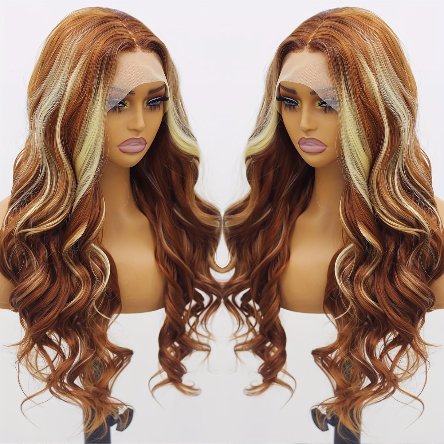 13x4 Blonde and Brwon Streak Body Wave Wig Lace Front Wigs Synthetic Natural Wave Wigs Heavy Density Glueless Lace Wigs for Women Synthetic Fiber Wigs for Daily Party Cosplay 26 inch